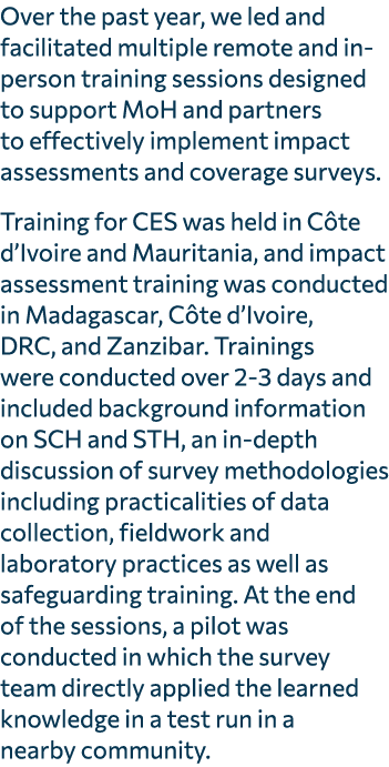 Over the past year, we led and facilitated multiple remote and in person training sessions designed to support MoH an...