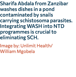 Sharifa Abdala from Zanzibar washes dishes in a pond contaminated by snails carrying schistosoma parasites. Integrati...